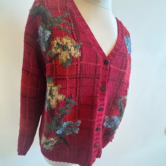 VTG Talbots Petites Womens PS Hand Knit Button Fall Cardigan Sweater Floral 90's - Picture 1 of 16